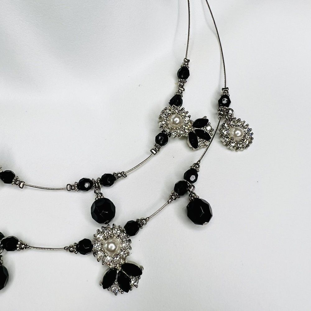 Ruby Rd. Two Strand Wire Layered Rhinestone Necklace Silver Black Tone 4448 - Picture 5 of 10